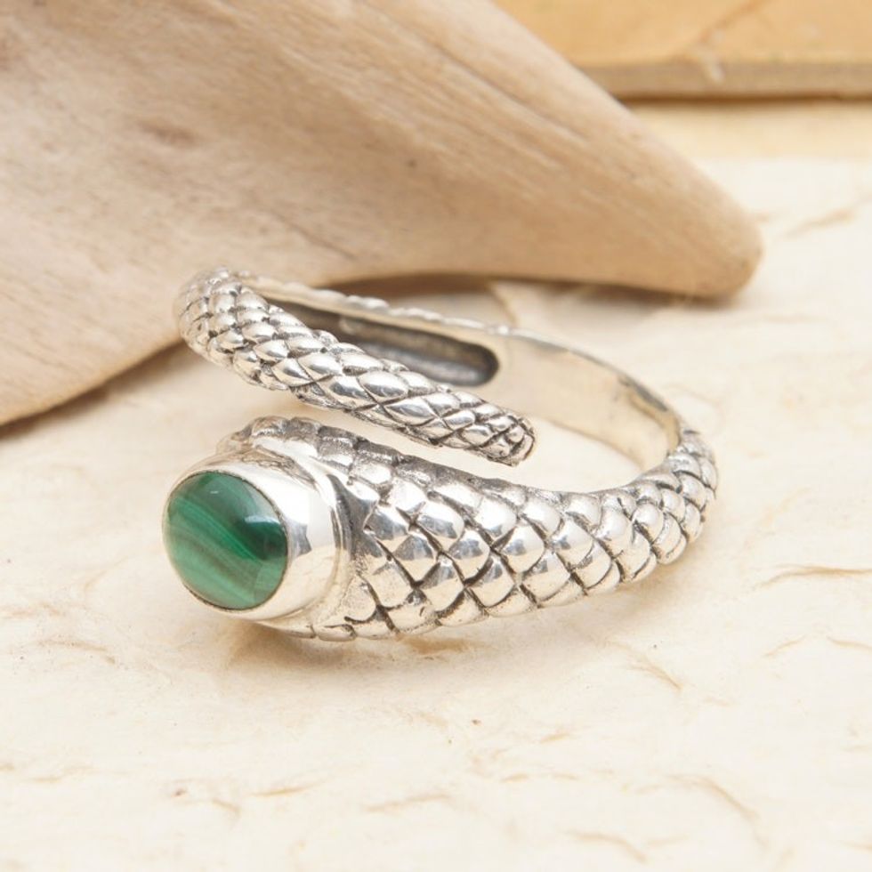 Snake-Themed Sterling Silver Wrap Ring with Malachite Stone 'Cobra King'