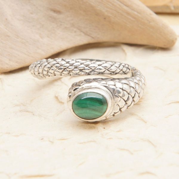 Alternate image for Snake-Themed Sterling Silver Wrap Ring with Malachite Stone Cobra King