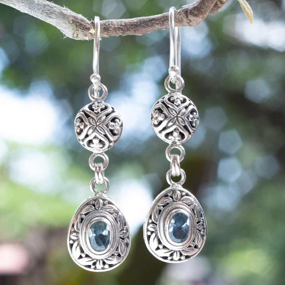 Sterling Silver Blue Topaz Dangle Earrings with Leaf Motifs 'Loyal Summer'