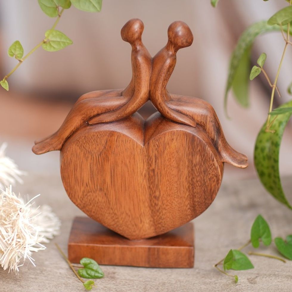 Heart-Shaped Inspirational Suar Wood Sculpture from Bali 'Best of Friendship'