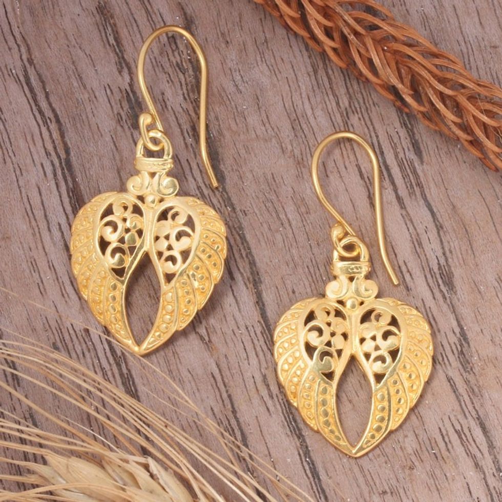 Traditional Angel-Themed 22k Gold-Plated Dangle Earrings 'Angelic Flight'