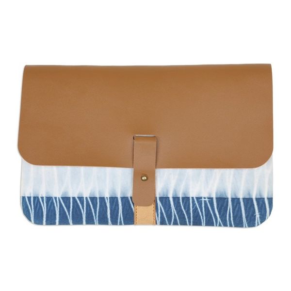 Alternate image for Blue Faux Leather and Cotton Clutch with Button Closure The Lake