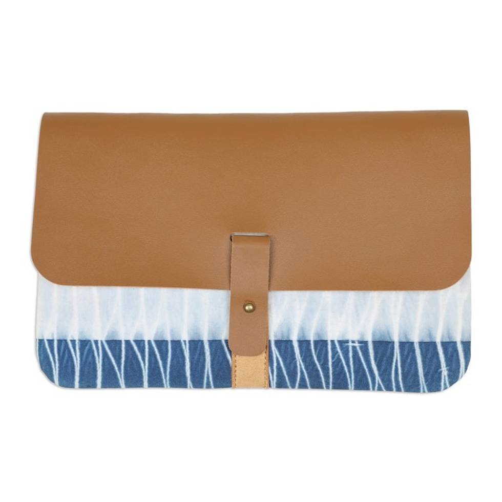 Blue Faux Leather and Cotton Clutch with Button Closure 'The Lake'