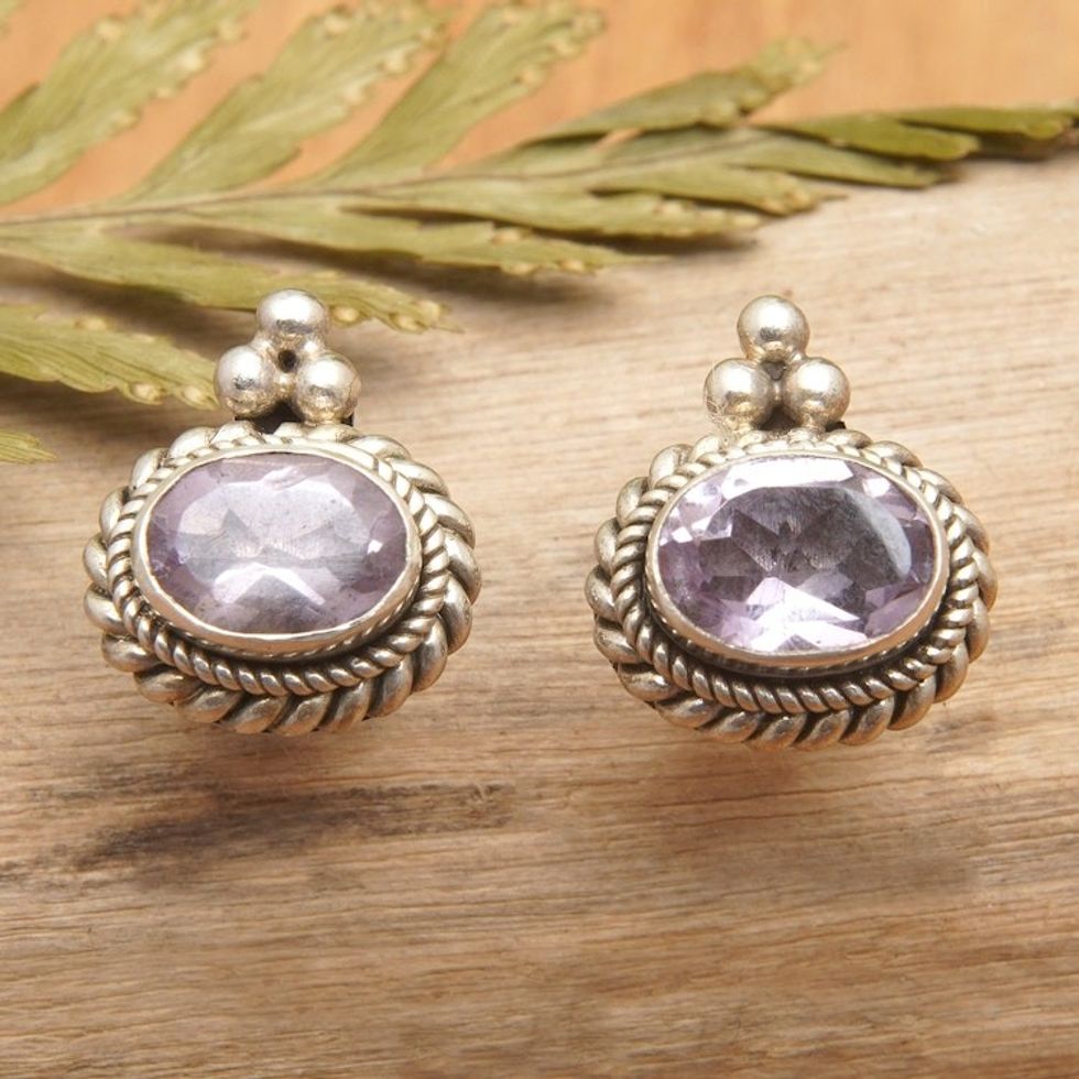 Beaded and Braided Sterling Silver Amethyst Button Earrings 'Dame's Wisdom'