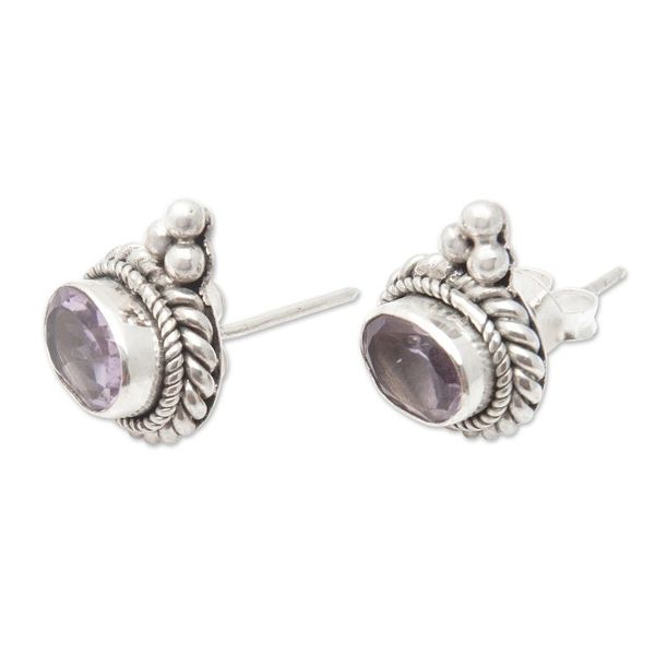 Alternate image for Beaded and Braided Sterling Silver Amethyst Button Earrings Dames Wisdom