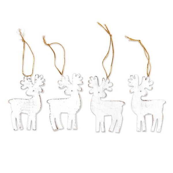 Alternate image for Set of 4 White Albesia Wood Holiday Reindeer Ornaments Snowy Reindeer