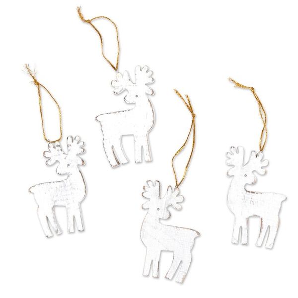 Alternate image for Set of 4 White Albesia Wood Holiday Reindeer Ornaments Snowy Reindeer