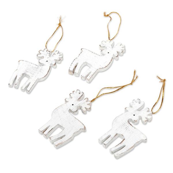 Alternate image for Set of 4 White Albesia Wood Holiday Reindeer Ornaments Snowy Reindeer