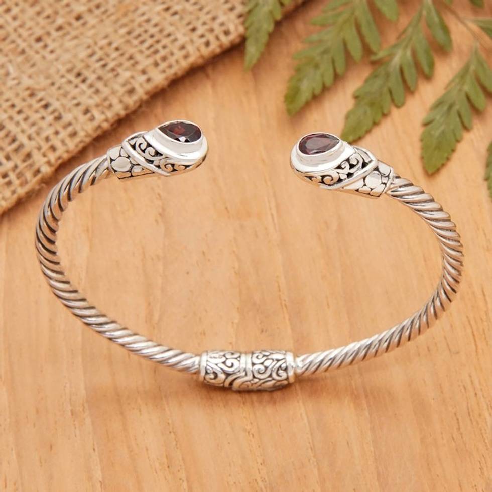 Balinese Sterling Silver Cuff Bracelet with Garnet Gems 'Perseverance Fates'