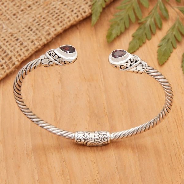 Alternate image for Balinese Sterling Silver Cuff Bracelet with Garnet Gems Perseverance Fates