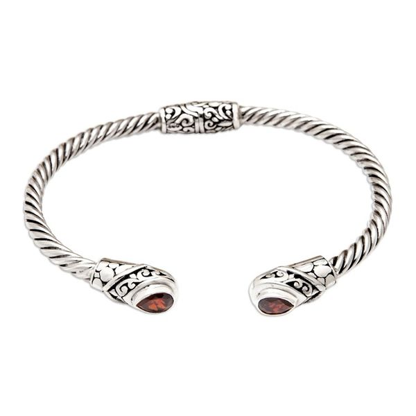 Alternate image for Balinese Sterling Silver Cuff Bracelet with Garnet Gems Perseverance Fates