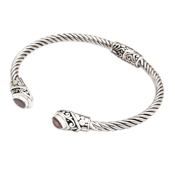 Alternate image for Balinese Sterling Silver Cuff Bracelet with Garnet Gems Perseverance Fates
