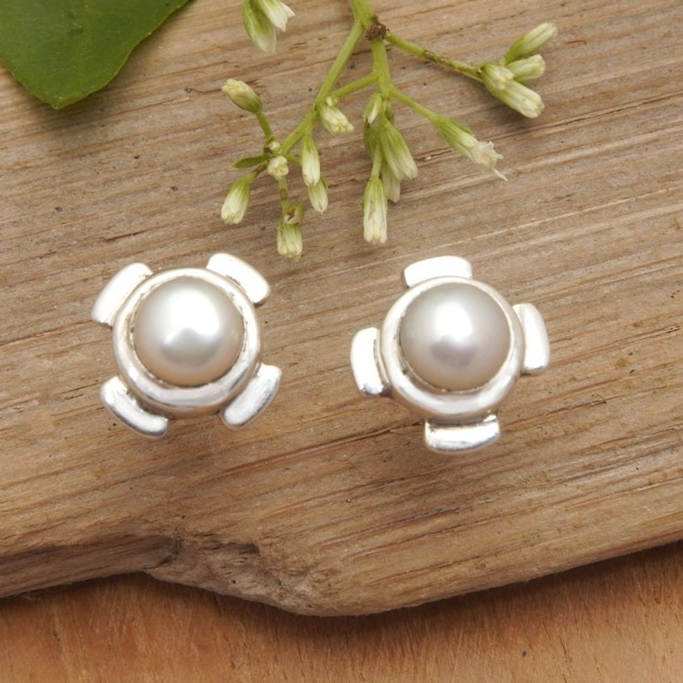 Modern Sterling Silver Button Earrings with White Pearls 'Shining Treasure'