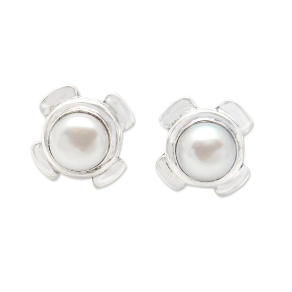 Alternate image for Modern Sterling Silver Button Earrings with White Pearls Shining Treasure