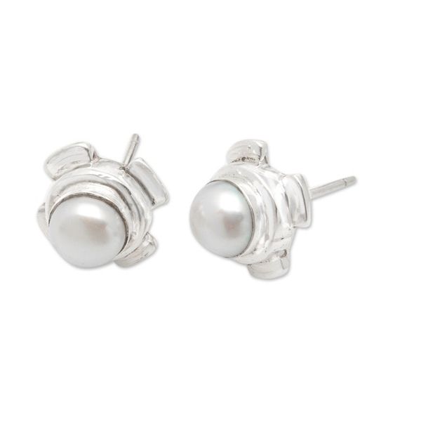 Alternate image for Modern Sterling Silver Button Earrings with White Pearls Shining Treasure