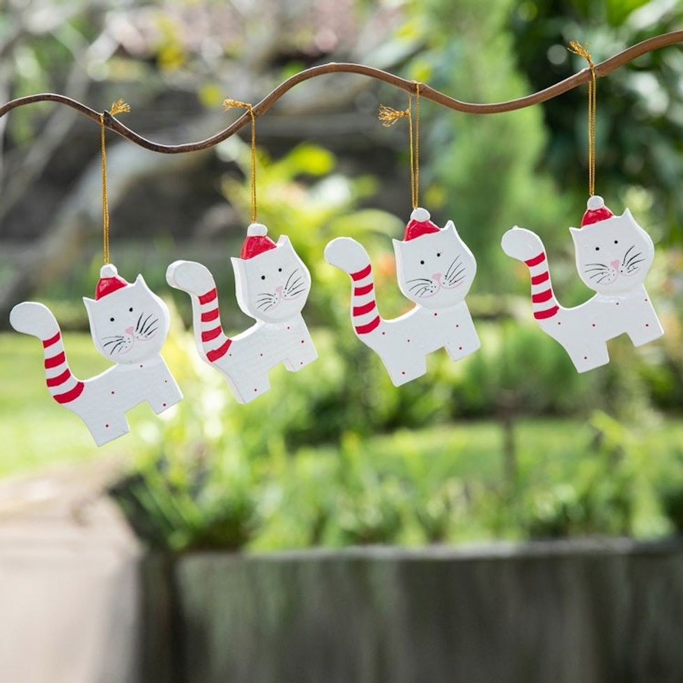 Set of 4 Hand-Painted Albesia Wood Cat Ornaments 'Merry Felines'