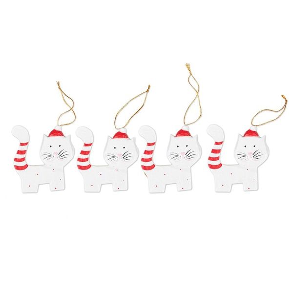 Alternate image for Set of 4 Hand-Painted Albesia Wood Cat Ornaments Merry Felines
