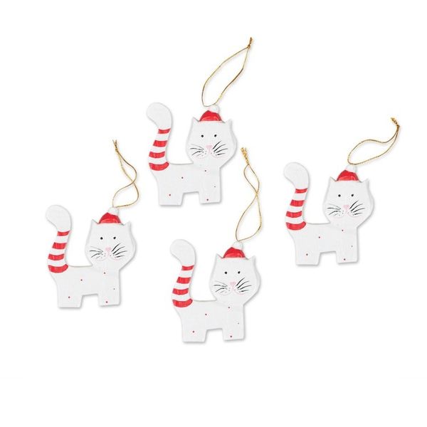 Alternate image for Set of 4 Hand-Painted Albesia Wood Cat Ornaments Merry Felines