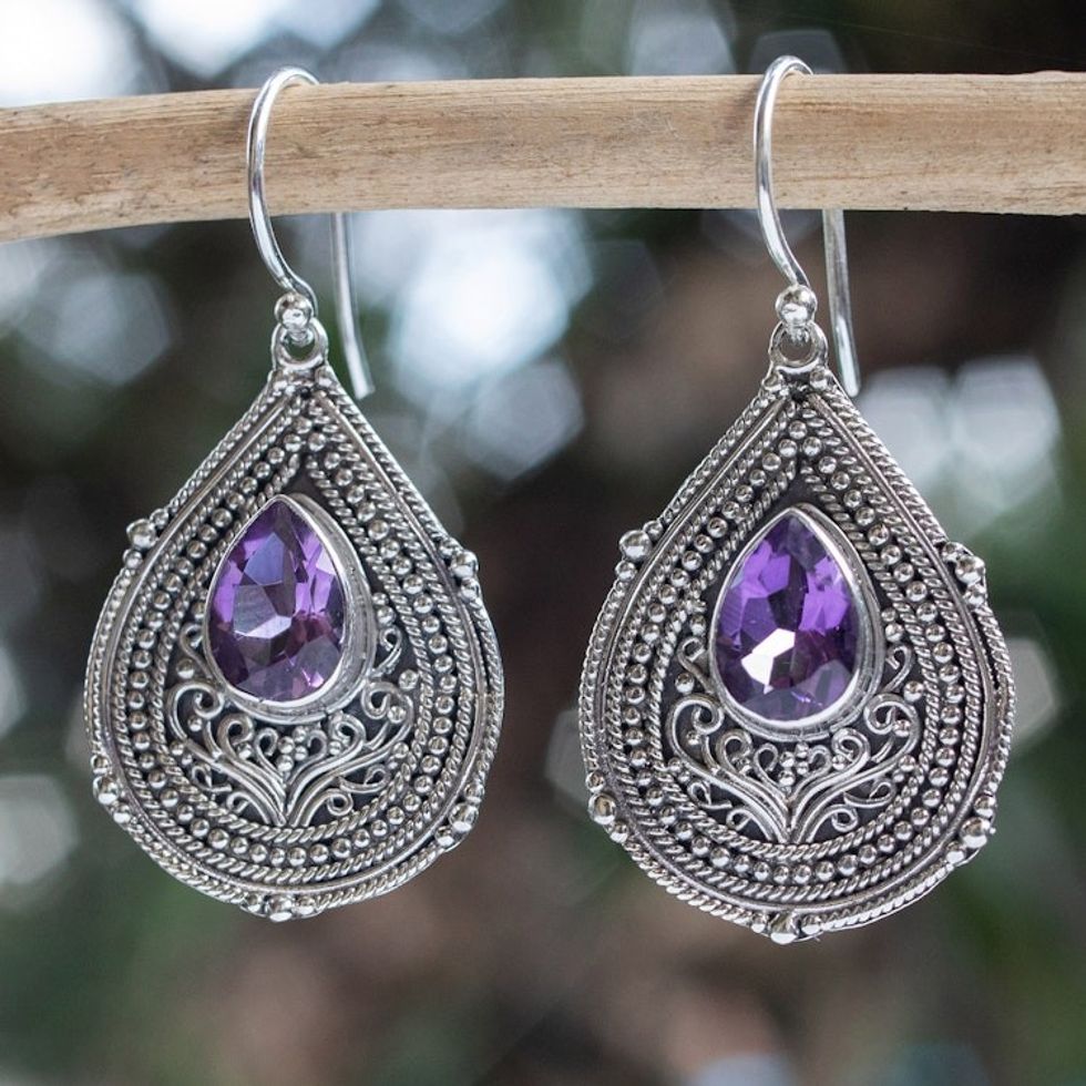 Teardrop Sterling Silver Dangle Earrings with Amethyst Gems 'Princess Palace in Purple'