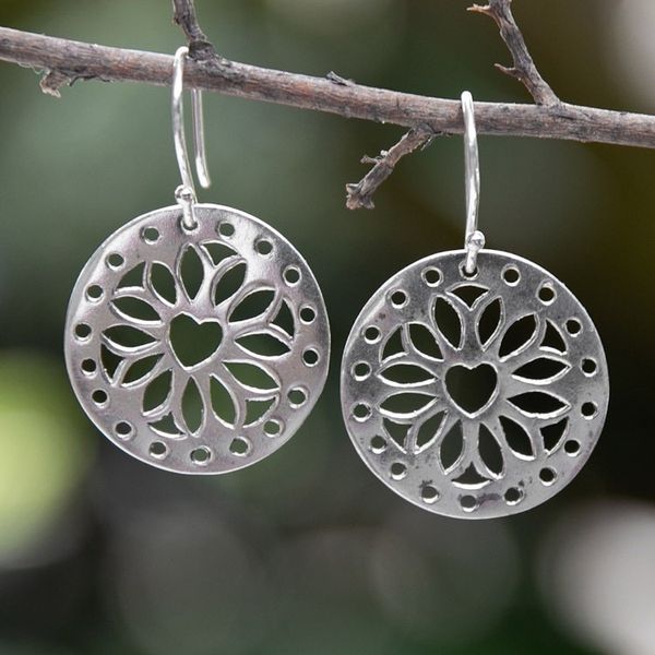 Alternate image for Lotus and Heart-Themed Round Sterling Silver Dangle Earrings Lotus Whisper