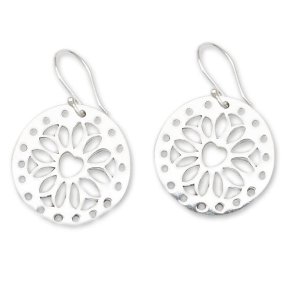 Alternate image for Lotus and Heart-Themed Round Sterling Silver Dangle Earrings Lotus Whisper