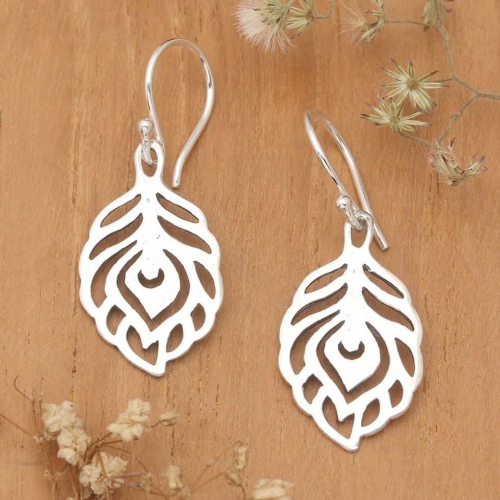 Peacock Feather-Themed Sterling Silver Dangle Earrings 'Peacock Essence'