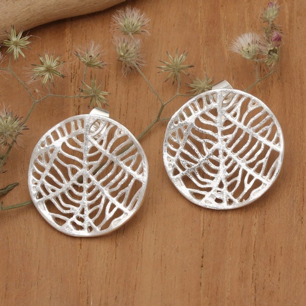 Matte Leafy Round Sterling Silver Button Earrings from Bali 'Leafy Veins'