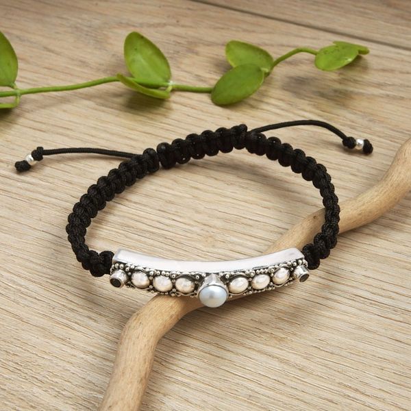 Alternate image for Cultured Pearl Blue Topaz Silver Macrame Pendant Bracelet Delightful Sparkle