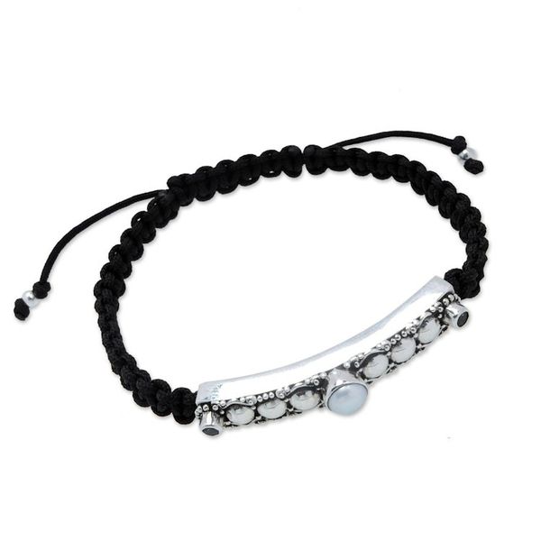 Alternate image for Cultured Pearl Blue Topaz Silver Macrame Pendant Bracelet Delightful Sparkle