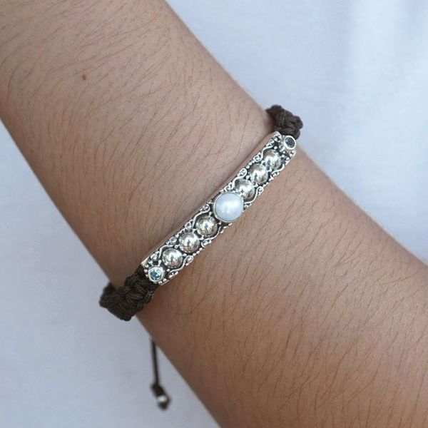 Alternate image for Cultured Pearl Blue Topaz Silver Macrame Pendant Bracelet Delightful Sparkle