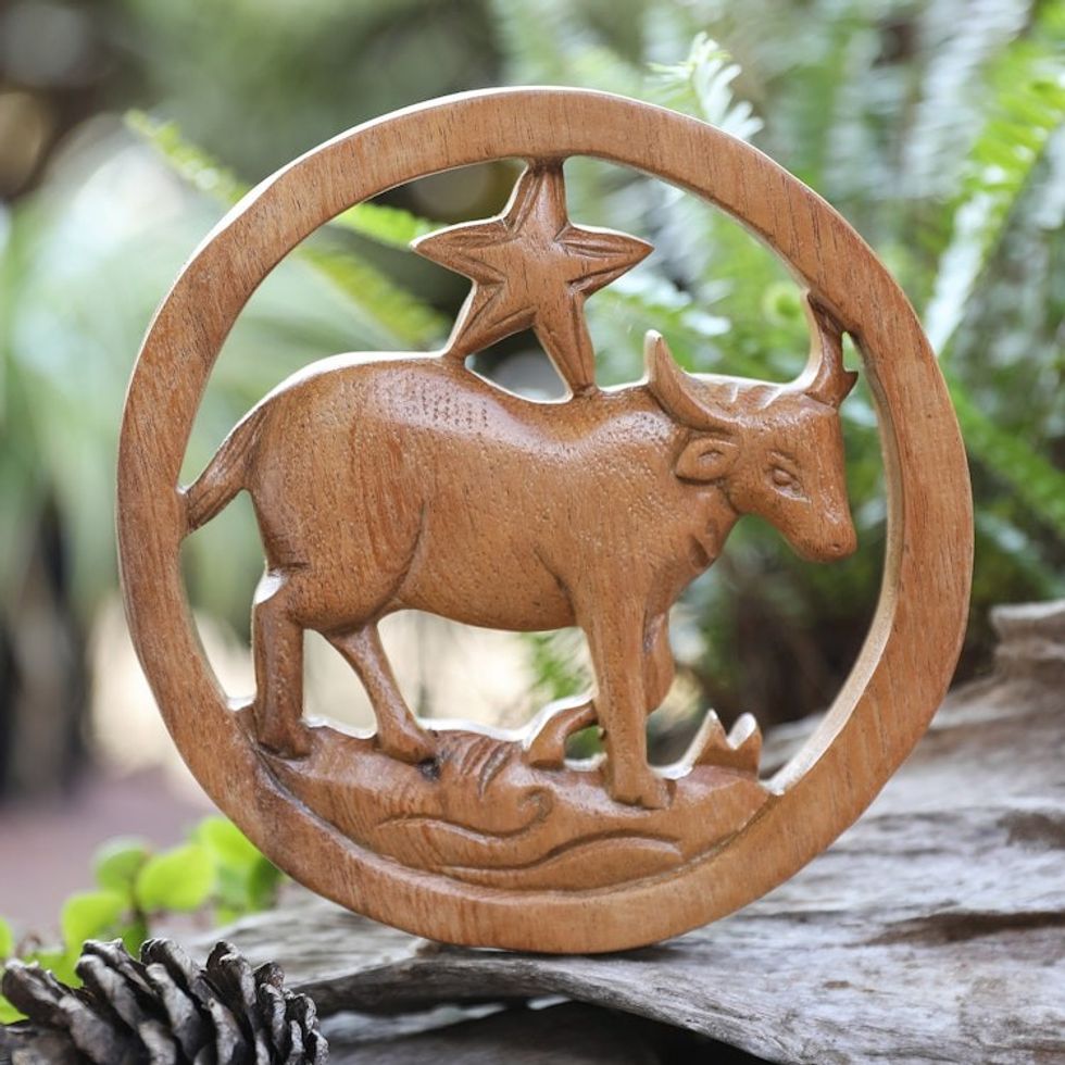 Taurus-Themed Hand-Carved Round Suar Wood Relief Panel 'Taurus Firmament'