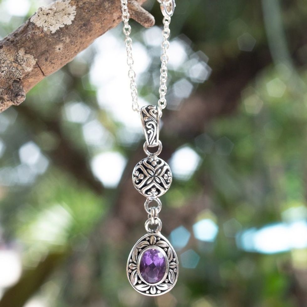 Sterling Silver Amethyst Pendant Necklace with Leaf Motifs 'Wise Summer'
