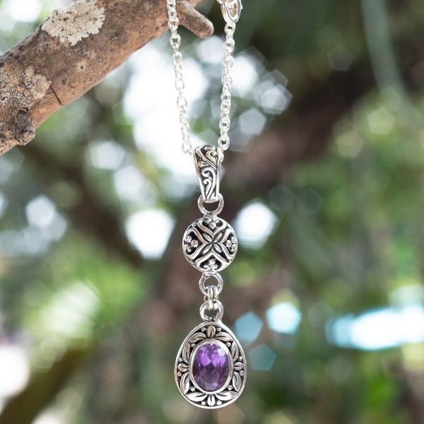 Alternate image for Sterling Silver Amethyst Pendant Necklace with Leaf Motifs Wise Summer