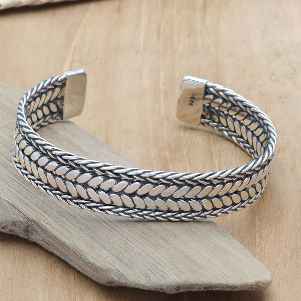 Sterling Silver Cuff Bracelet with Braided Chain Accents 'Wild Shining'