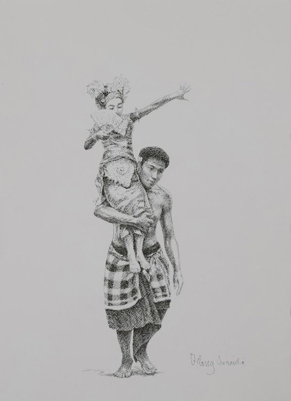 Alternate image for Traditional Impressionist Ink on Paper Drawing from Bali Sanghyang Dance