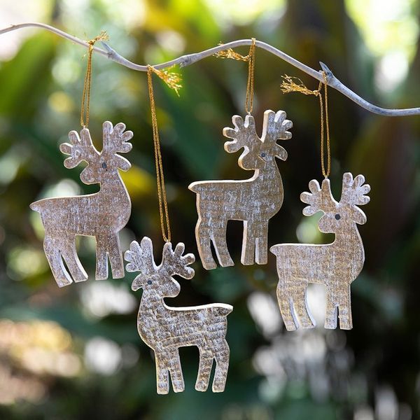 Alternate image for Set of 4 Golden Albesia Wood Holiday Reindeer Ornaments Glorious Reindeer