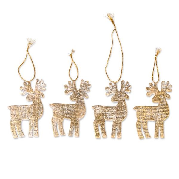 Alternate image for Set of 4 Golden Albesia Wood Holiday Reindeer Ornaments Glorious Reindeer