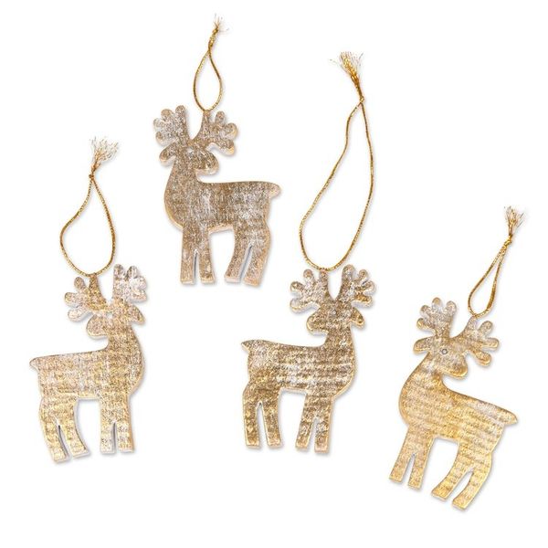 Alternate image for Set of 4 Golden Albesia Wood Holiday Reindeer Ornaments Glorious Reindeer