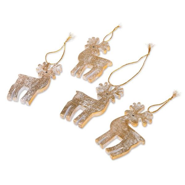 Alternate image for Set of 4 Golden Albesia Wood Holiday Reindeer Ornaments Glorious Reindeer