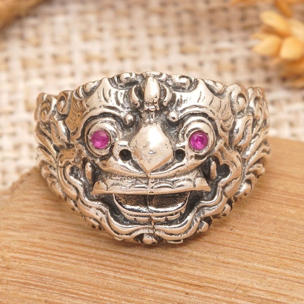 Men's 925 Silver Cocktail Ring with Barong Character Motif 'Balinese Barong'