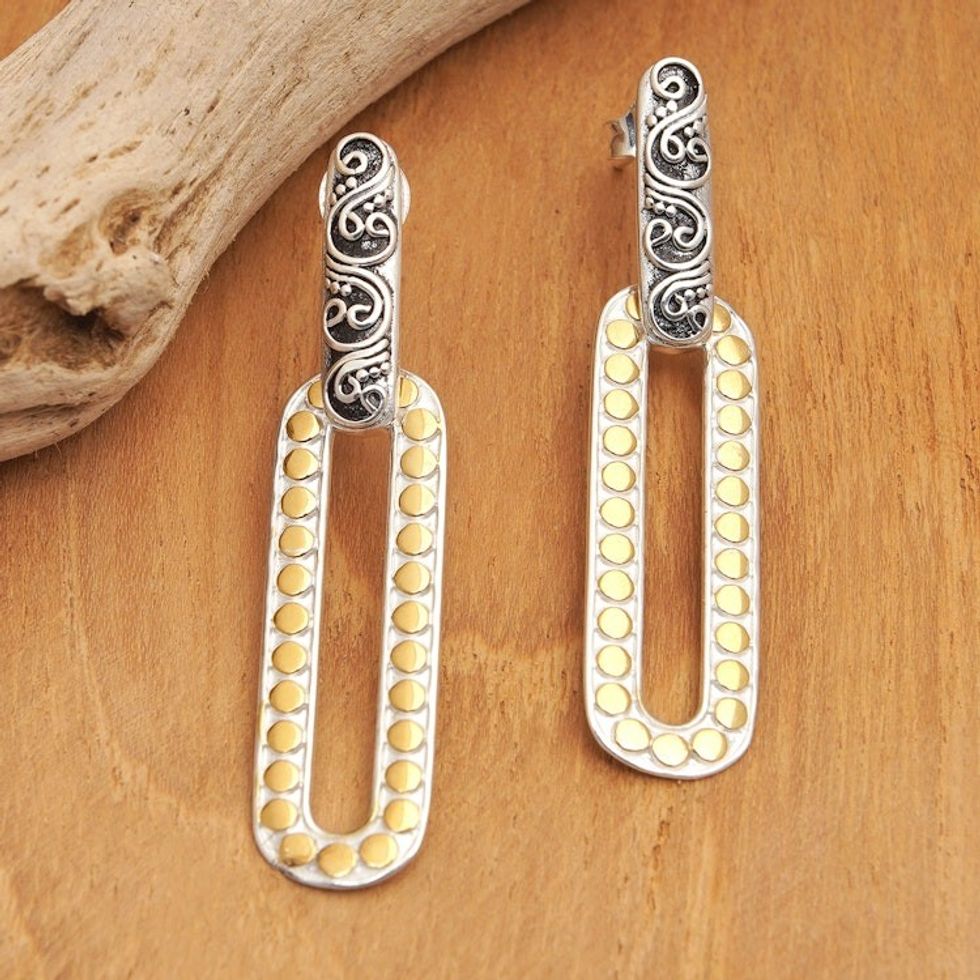Sterling Silver Dangle Earrings with Gold-Plated Dot Accents 'Bubble Fantasy'