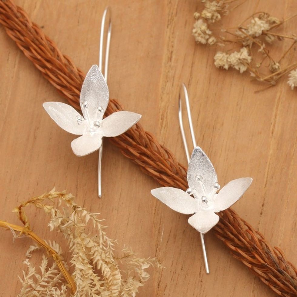 Matte Finished Floral Sterling Silver Drop Earrings 'Lucky Blossoms'