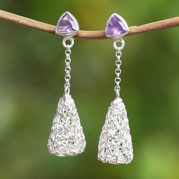 Alternate image for Modern Sterling Silver Dangle Earrings with Amethyst Gems Nest of Wisdom