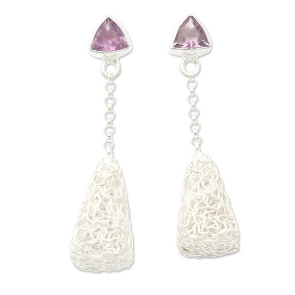 Alternate image for Modern Sterling Silver Dangle Earrings with Amethyst Gems Nest of Wisdom