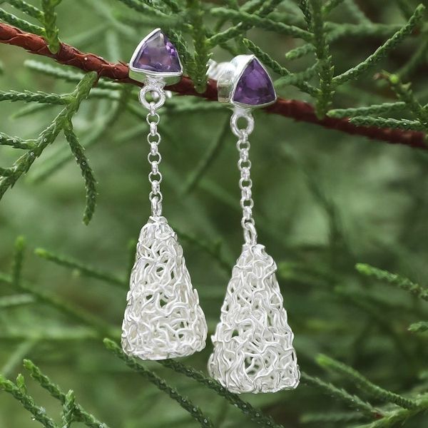 Alternate image for Modern Sterling Silver Dangle Earrings with Amethyst Gems Nest of Wisdom