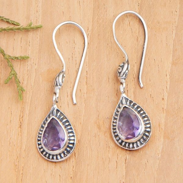 Alternate image for Faceted One-Carat Amethyst Dangle Earrings from Bali Gleam of Wisdom