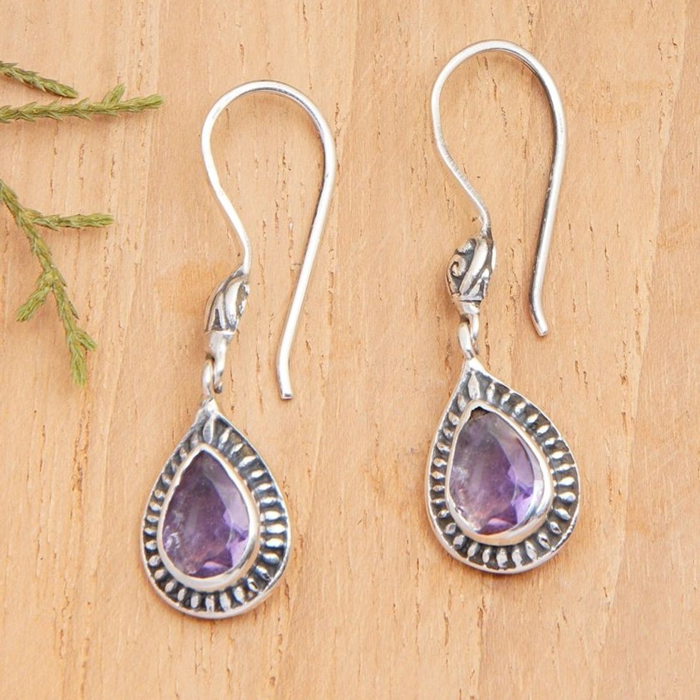 Faceted One-Carat Amethyst Dangle Earrings from Bali 'Gleam of Wisdom'