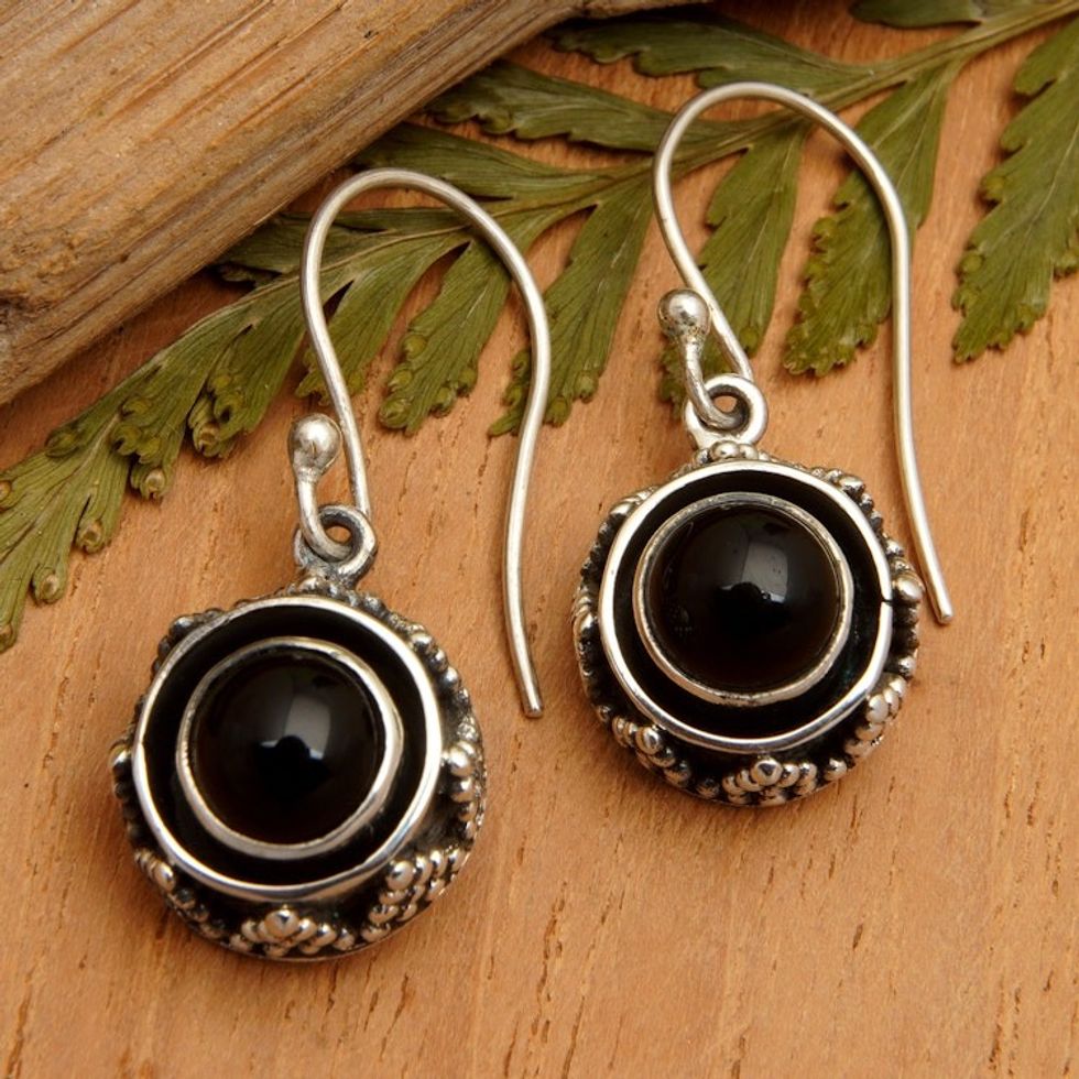 Sterling Silver Dangle Earrings with Round Onyx Stone 'Batur in Black'