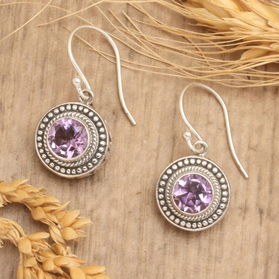 Balinese Round Sterling Silver and Amethyst Dangle Earrings 'Fascinated Gaze'