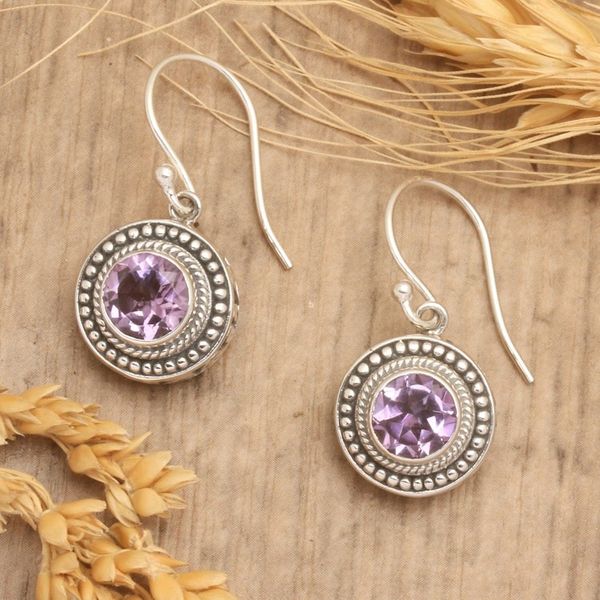 Alternate image for Balinese Round Sterling Silver and Amethyst Dangle Earrings Fascinated Gaze
